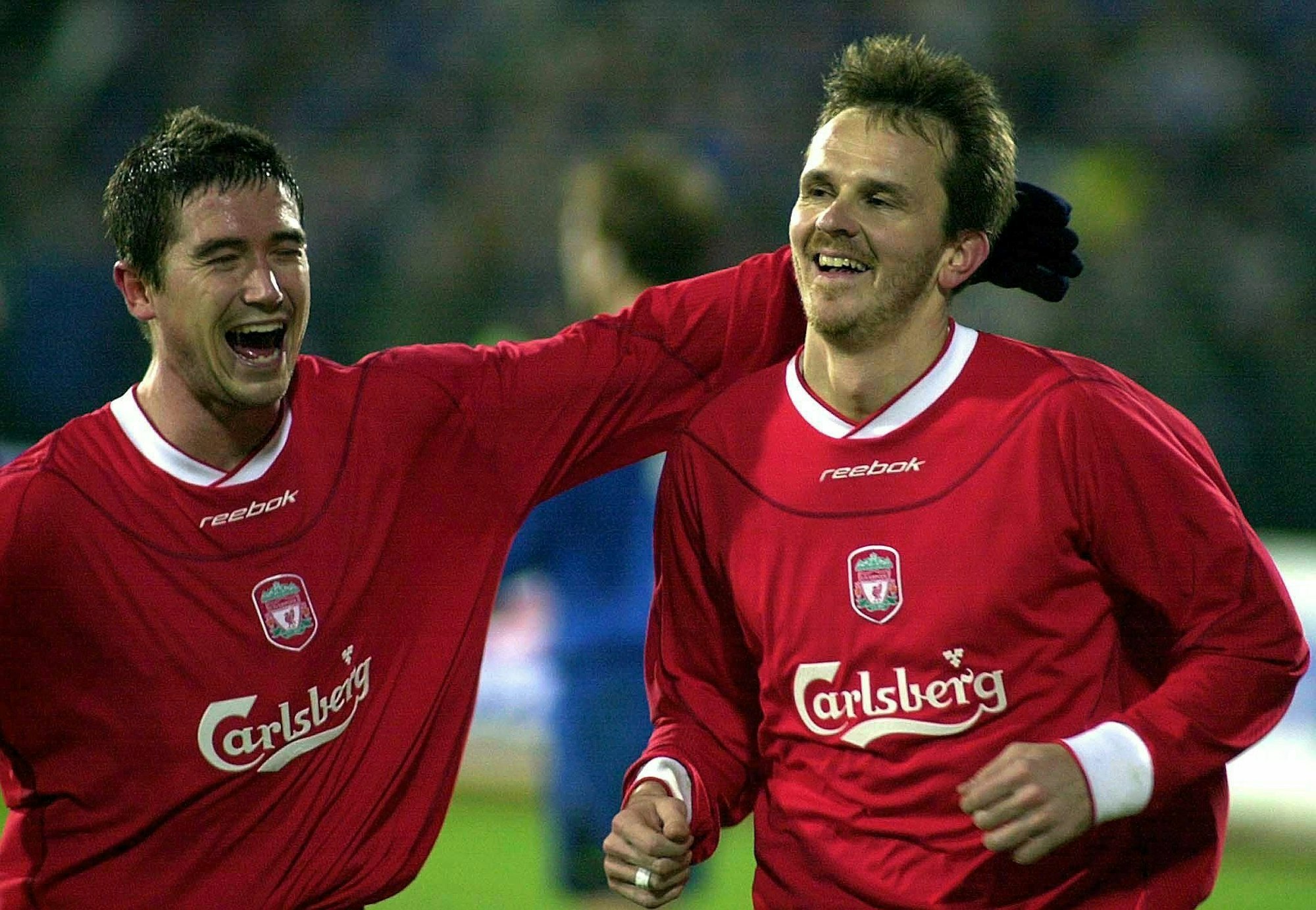 Liverpools Harry Kewell und Dietmar Hamann jubeln nach einem Treffer in der Champions League.