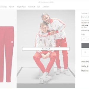 Eine Seite im Fanshop des FC-Bayern zeigt einen Trainingsanzug, getragen von Leon Goretzka und Serge Gnabry, für 399,95 Euro.
