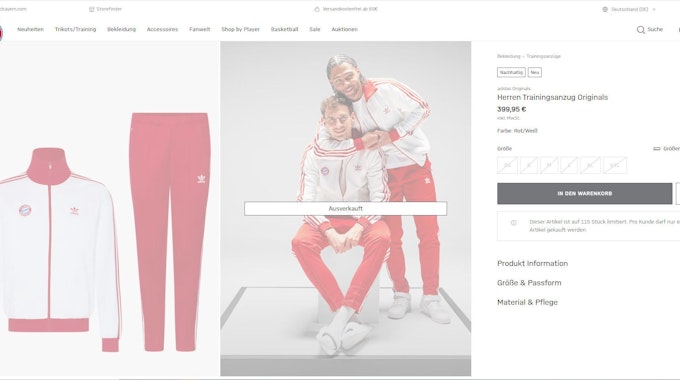 Eine Seite im Fanshop des FC-Bayern zeigt einen Trainingsanzug, getragen von Leon Goretzka und Serge Gnabry, für 399,95 Euro.