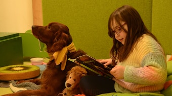 Vorlesehund Milow hört einem Mädchen beim Vorlesen zu.