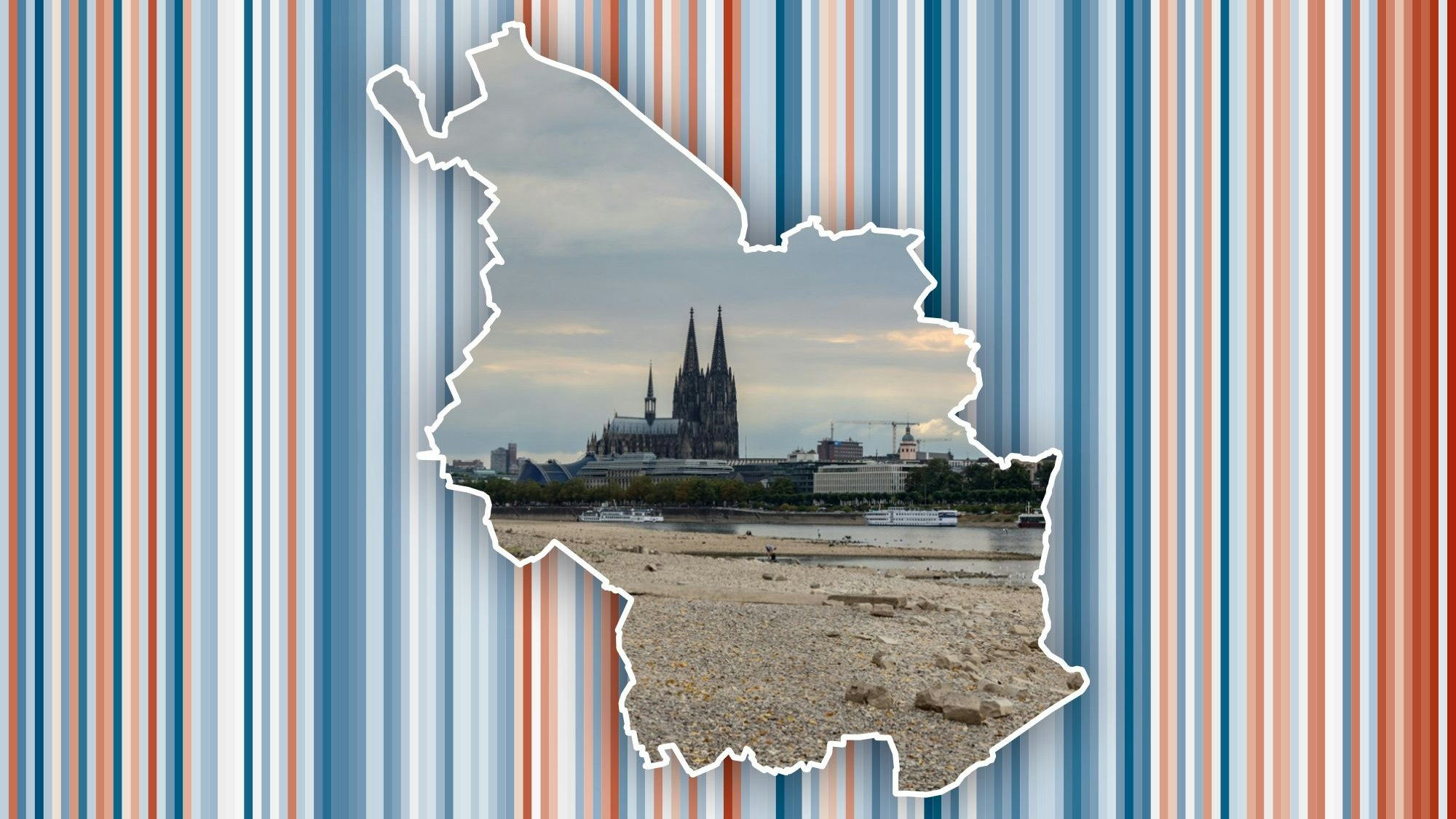 Die Grafik zeigt Temperaturabweichungen zum jährlichen Mittelwert und im Umriss von Köln ein Bild des Rheins mit Niedrigwasser und dem Kölner Dom.