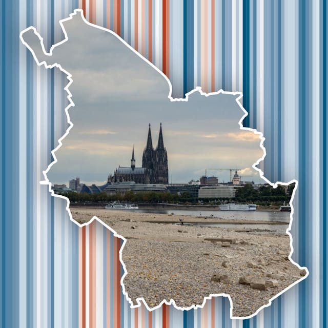 Die Grafik zeigt Temperaturabweichungen zum jährlichen Mittelwert und im Umriss von Köln ein Bild des Rheins mit Niedrigwasser und dem Kölner Dom.&nbsp;