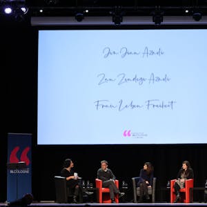Auftaktveranstaltung der lit.Cologne mit Ferdos Forudastan (v.l.), Navid Kermani, Asal Dardan, Azadeh Zamirirad und Isabel Schayani