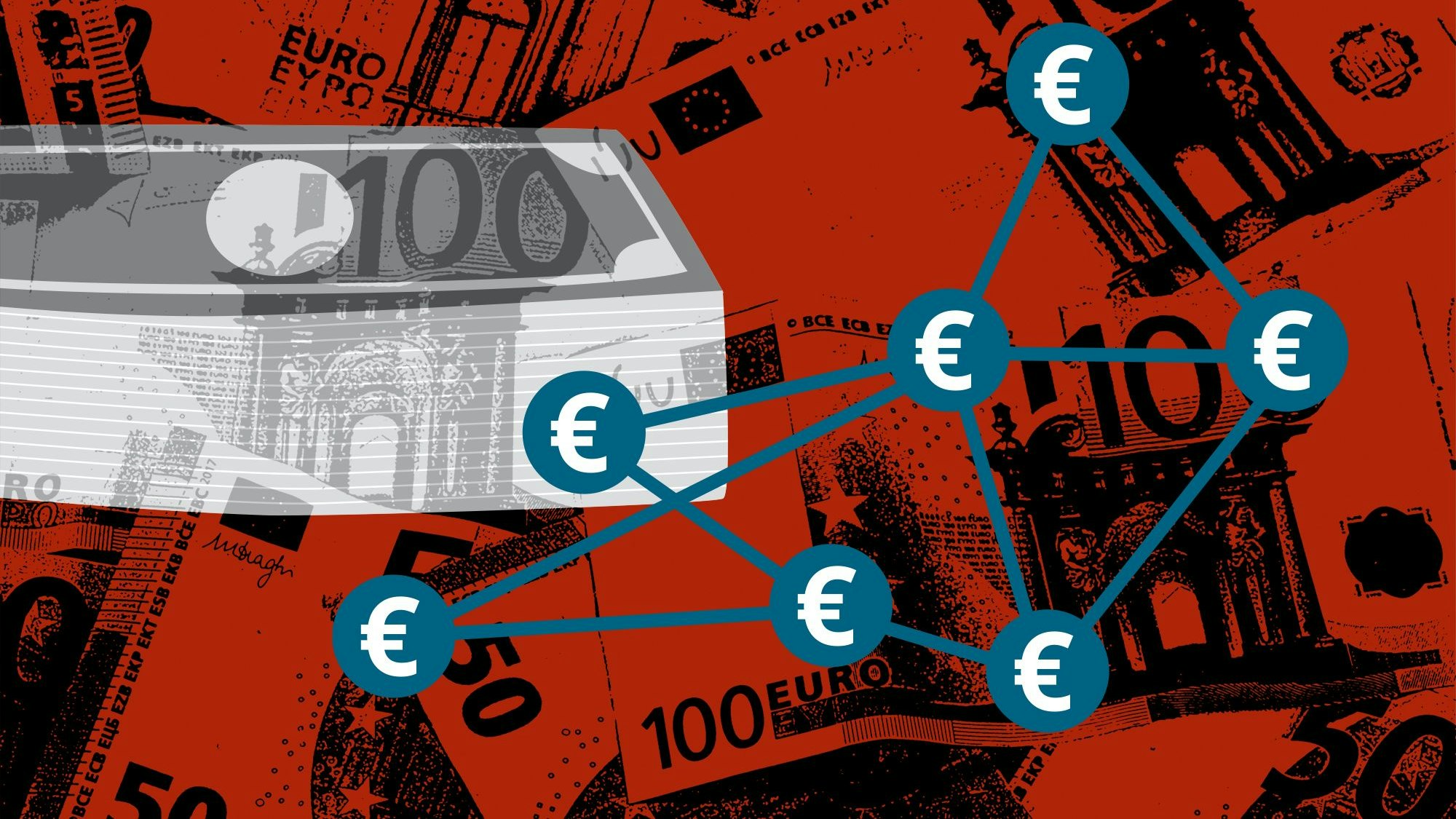 Mit Euro-Zeichen symbolisierte Finanzströme werden vor rot eingefärbten Geldscheinen gezeigt.