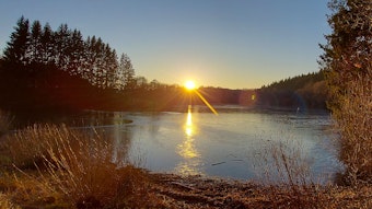 Vorstau des Kronenburger Sees bei Sonnenuntergang.