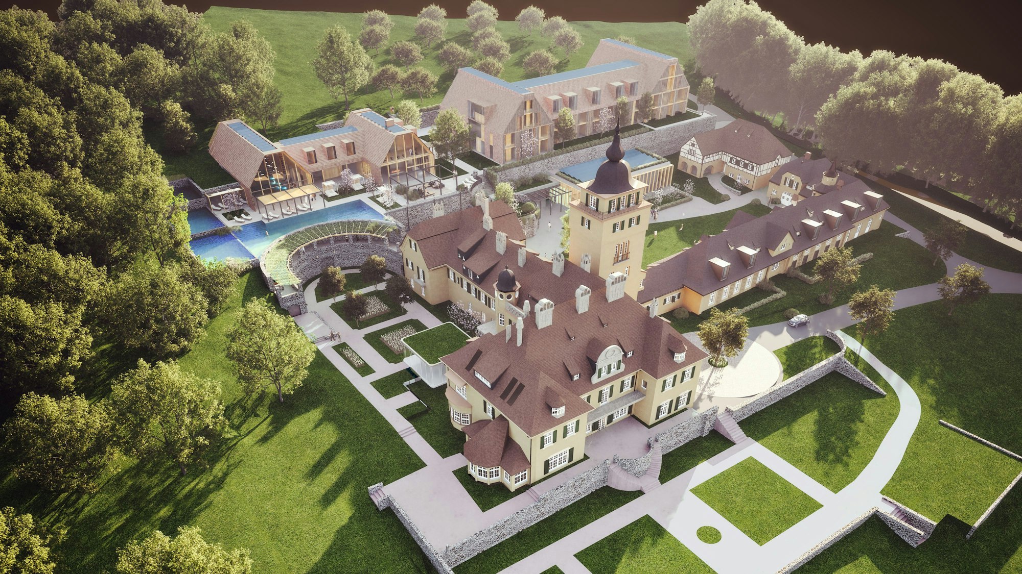 Visualisierung von Schloss Lerbach mit zweitem Hotel.