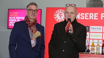 SC Fortuna Köln vs. 1. FC Bocholt, 4.Liga, von links: Fortuna-Präsident Hanns-Jörg Westendorf    
DFB-Präsident Bernd Neuendorf, 03.03.2023, Bild: Herbert Bucco

