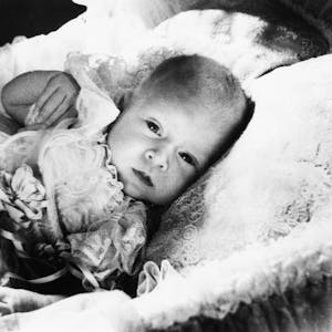 Childhood portrait of the baby Prince Charles in his basket, at Buckingham Palace, London, January 1949. (Photo by Central Press/Hulton Archive/Getty Images)