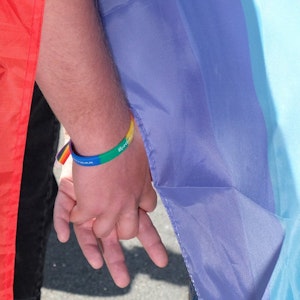 Das Symbolfoto zeigt zwei Teilnehmende der Demonstration zum Christopher-Street-Day (CSD). Sie tragen Fahnen und Armbänder in Regenbogenfarben und halten sich an den Händen.