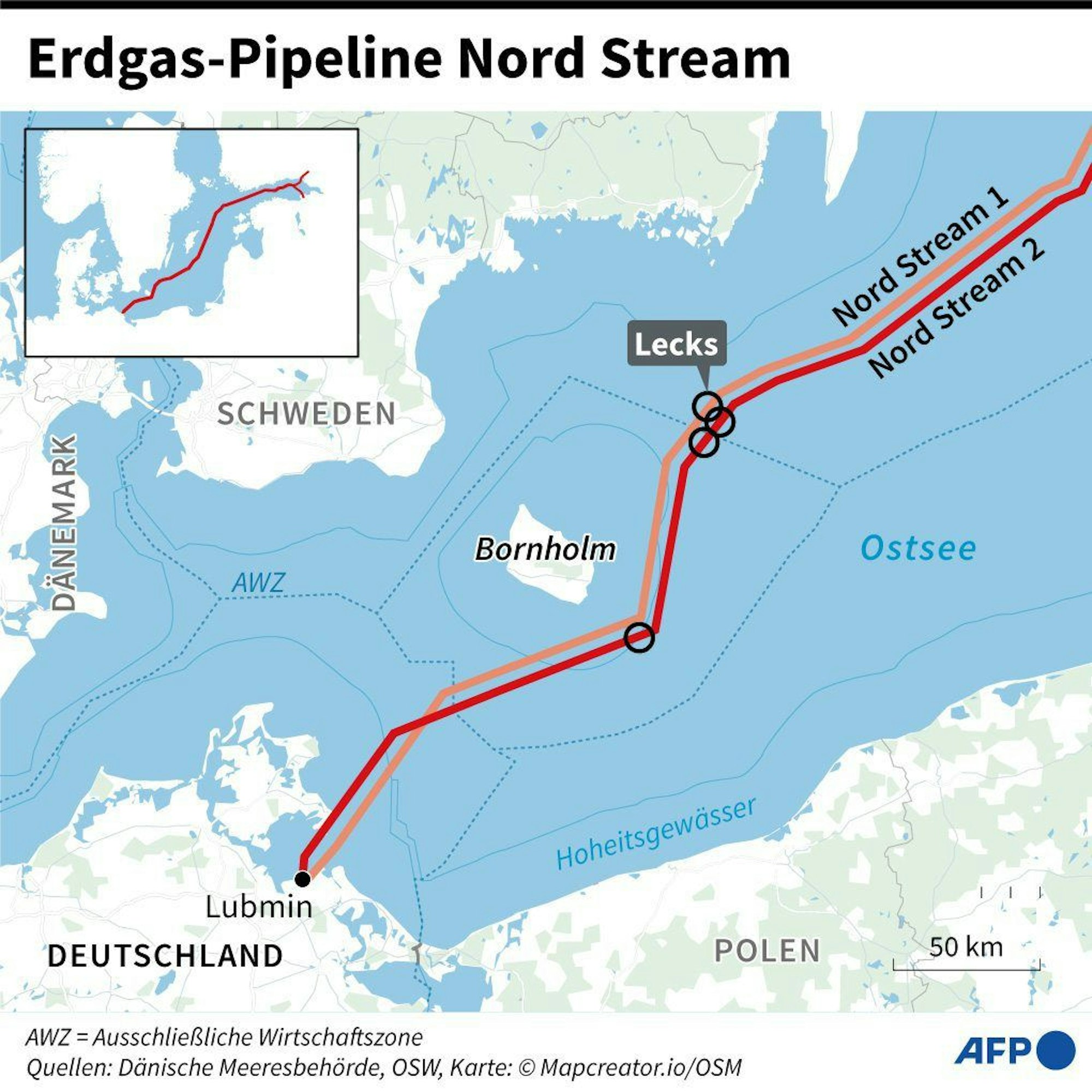 So verlaufen die Gas-Pipelines Nord Stream 1 und Nord Stream 2 von Russland bis nach Deutschland.