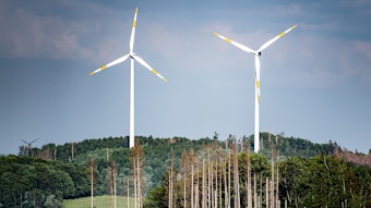 Zwei Windräder stehen in einem Waldstück.