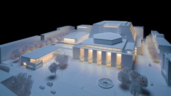 Das Architekturmodell zeigt Oper (Mitte) und Schauspielhaus (hinten links) sowie Kleines Haus (vorne links).