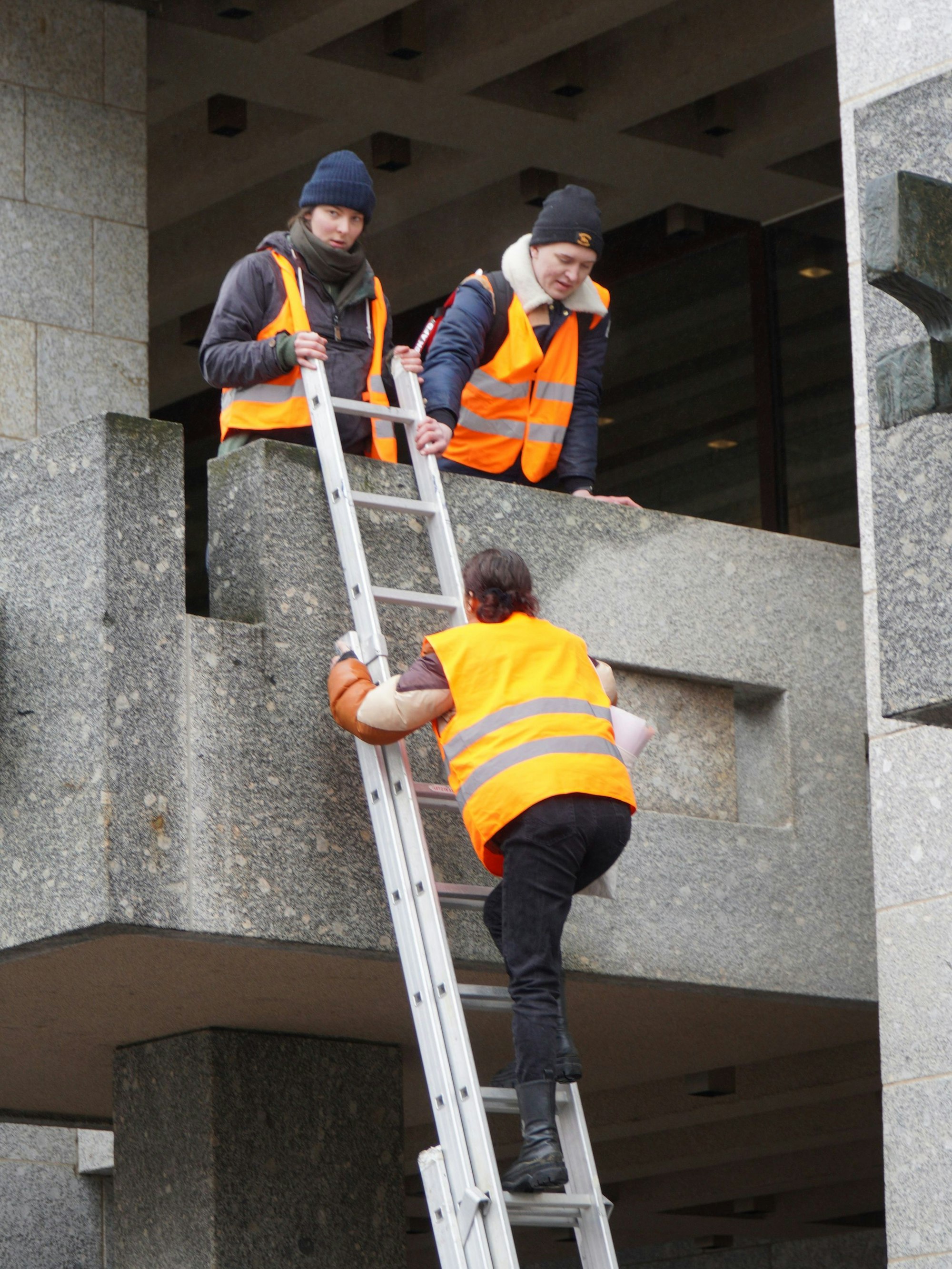 Mit einer Leiter verschafften die Aktivisten sich Zugang zum Rathaus-Balkon.