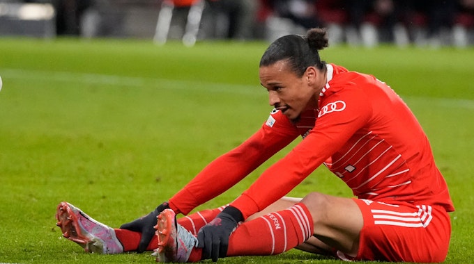 Bayern's Leroy Sane reacts after failing to score during the Champions League round of 16 second leg soccer match between Bayern Munich and Paris Saint Germain at the Allianz Arena in Munich, Germany, Wednesday, March 8, 2023. (AP Photo/Matthias Schrader)
