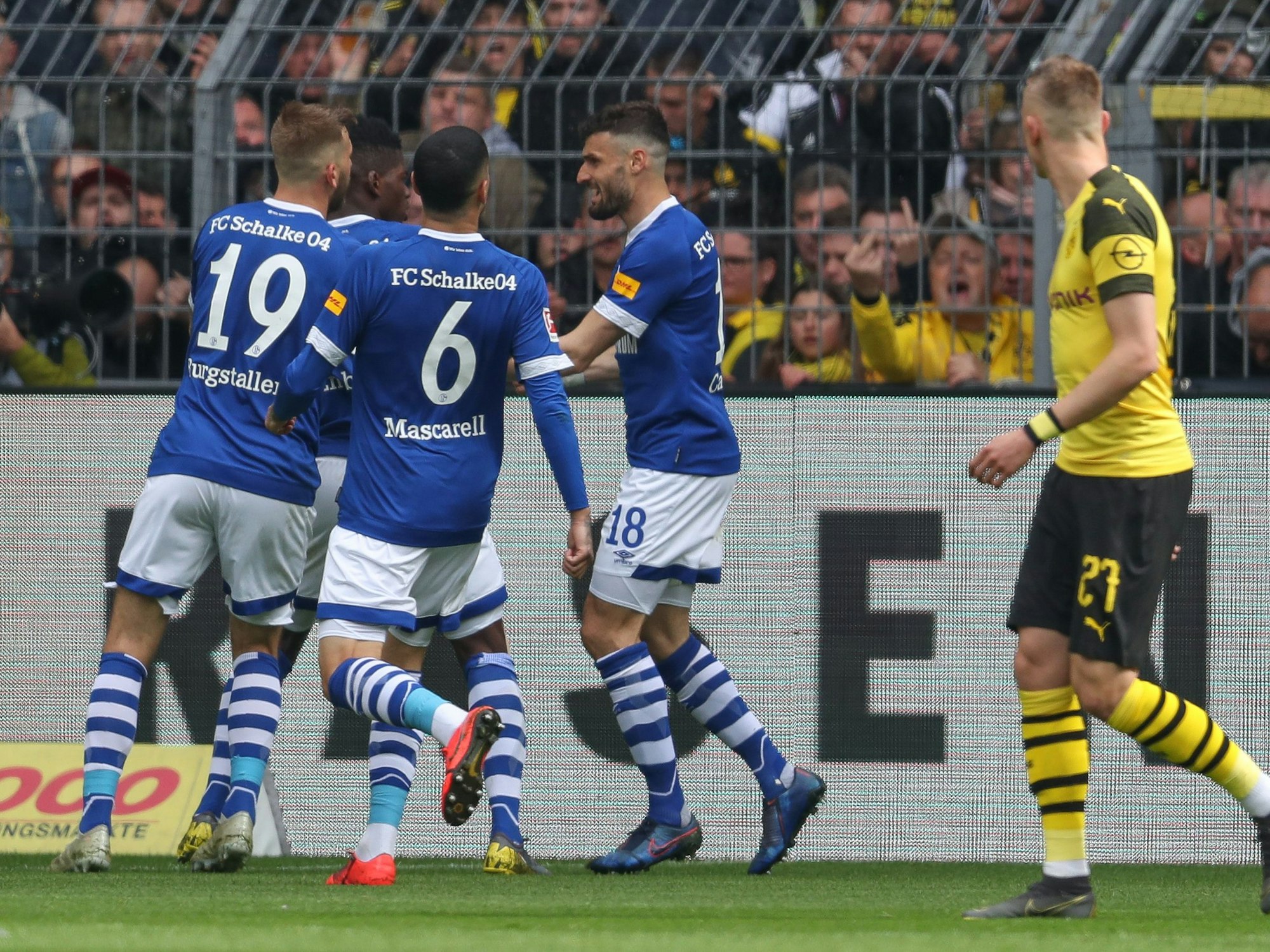 Die Spieler von Schalke 04 bejubeln ein Tor bei Borussia Dortmund.