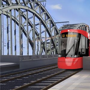 Die Visualisierung zeigt die Kölner KVB-Linie 13 auf der Südbrücke, die Kölner SPD hat entsprechende Pläne vorgelegt.