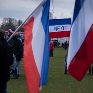 Demonstranten nehmen mit niederländischen Fahnen, die auf dem Kopf stehen und von denen eine die Aufschrift «Nexit» (Austritt der Niederlande aus der EU) trägt, an einem Protest der Bauernverbände gegen die Regierung teil.&nbsp;