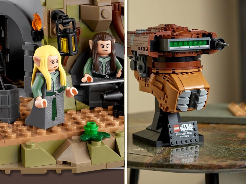Marketing Bilder von Der Herr der Ringe Bruchtal und der Lego Star Wars Prinzessin Leia Boushh Helm.