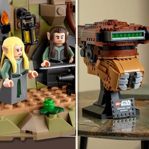 Marketing Bilder von Der Herr der Ringe Bruchtal und der Lego Star Wars Prinzessin Leia Boushh Helm.