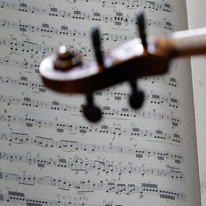 Ein Orchester-Musiker spielt und blickt auf seine Noten.