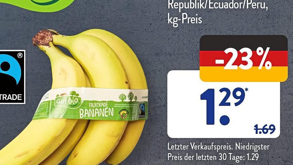 Aldi wirbt im Prospekt mit hohem Rabatt für Bananen. Die Verbraucherzentrale hat dagegen Klage eingereicht.