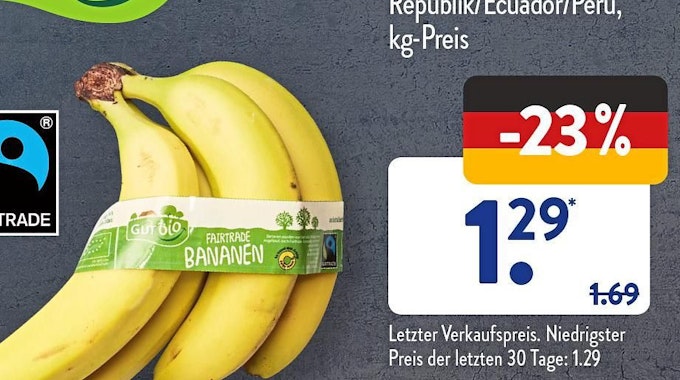 Aldi wirbt im Prospekt mit hohem Rabatt für Bananen. Die Verbraucherzentrale hat dagegen Klage eingereicht.