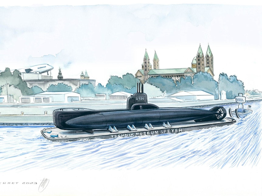 So soll der U-Boot-Transport auf dem Rhein durchgeführt werden. Eine Grafik zeigt die U17 auf einem Schwimmponton.