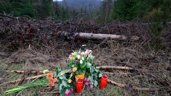 Blumen und Kerzen wurden am Fundort des getöteten Mädchens Luise niedergelegt. Der Ort befindet sich in einem Waldstück.