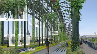 Eine Visualisierung der Hohenzollernbrücke nach der Vision der „Neuen Mitte“und Architekt Paul Böhm als begrünter Verweilort mit Fuß- und Radwegen statt Bahngleisen.