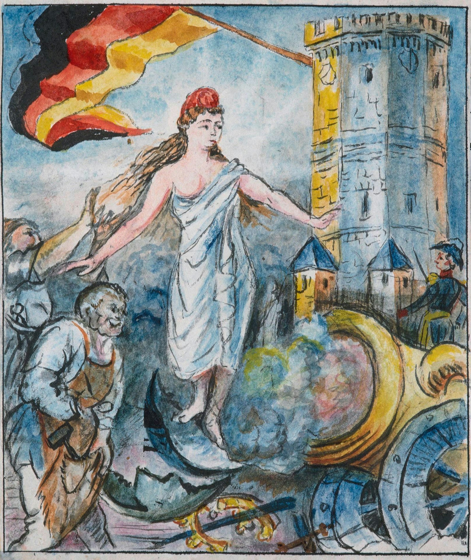 Das Bild zeigt eine Germania-Darstellung zwischen den preußischen Angreifern mit einer großen Kanone und Kölner Bürgern. Im Hintergrund ein Turm.