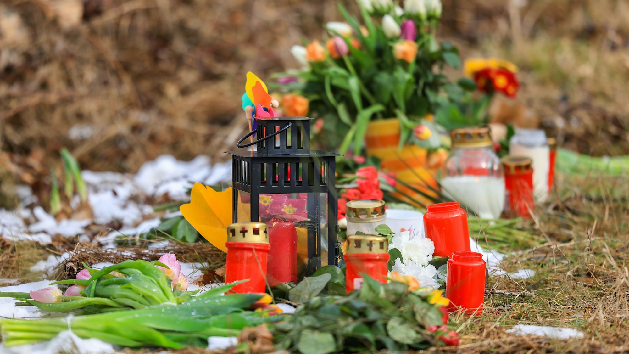 Kerzen und Blumen liegen in einem Wald im südlichen Nordrhein-Westfalen.