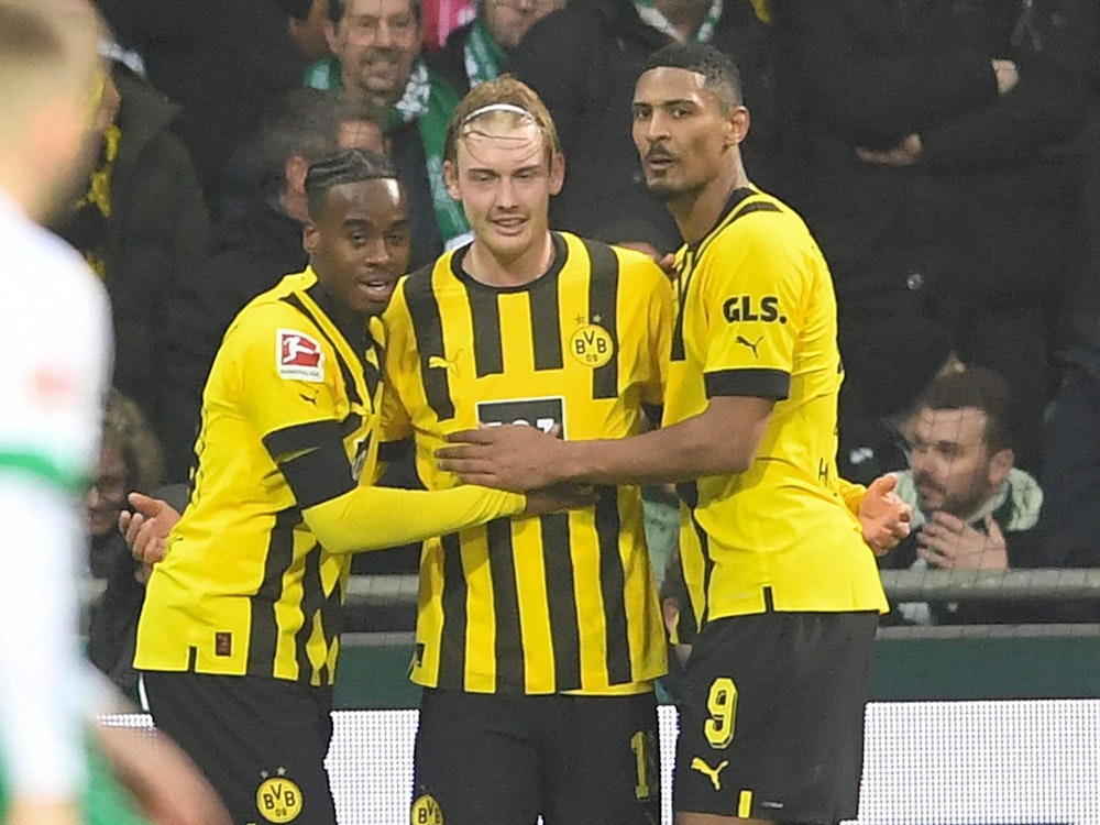 Julian Brandt (M) freut sich mit Jamie Bynoe- Gittens (l) und Sebastien Haller (alle Borussia Dortmund).