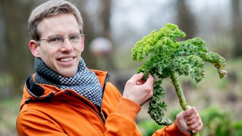 Christoph Hahn steht mit einer Grünkohlpflanze auf einem Versuchsfeld.