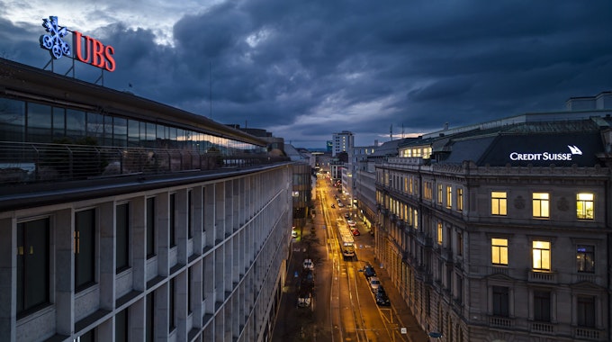 Eine Luftaufnahme zeigt die Hauptsitze der Schweizer Banken Credit Suisse und UBS am Paradeplatz in Zürich.