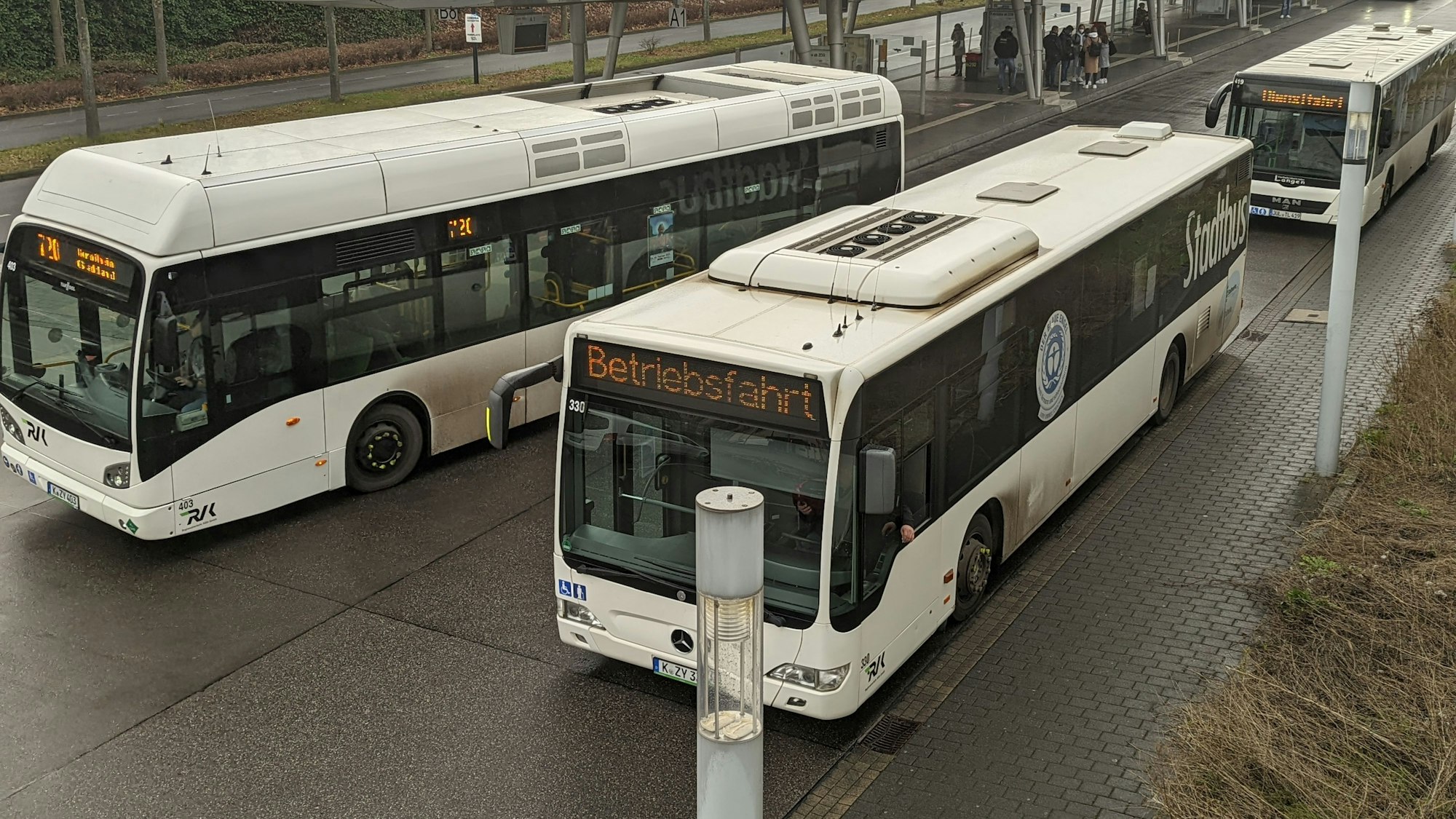 Drei Busse stehen am Busbahnhof in Hürth.