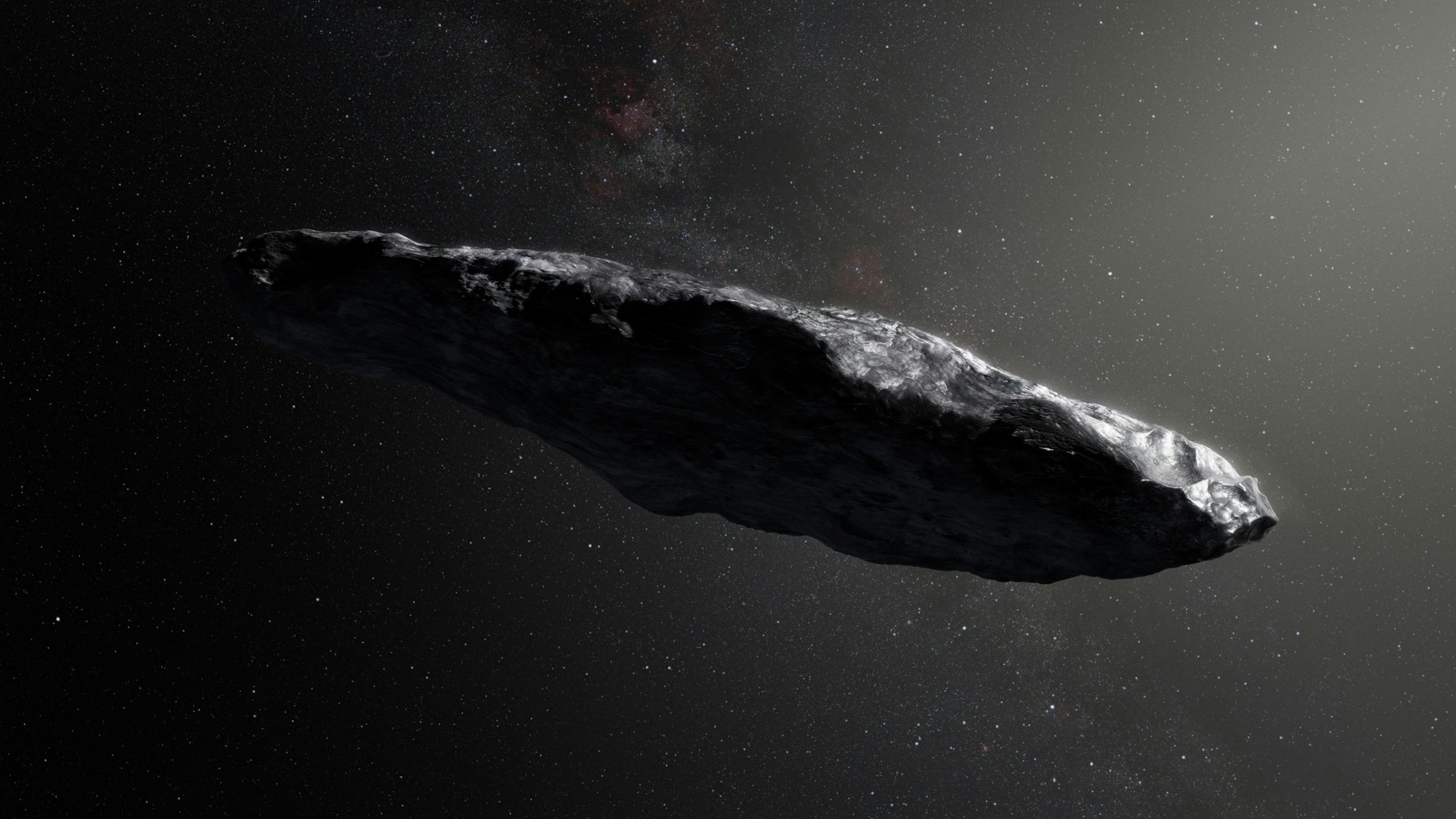 Das Foto aus dem Jahr 2017 zeigt das Flugobjekt „Oumuamua“ im All. Es ist länglich, schwarz und reflektiert das Sonnenlicht.