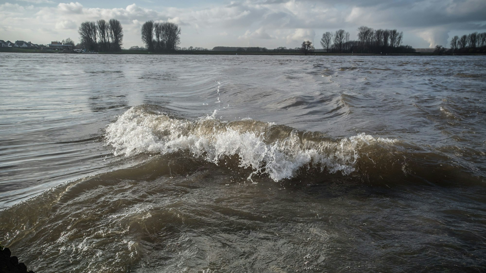 Eine Welle kräuselt sich auf dem Rhein.