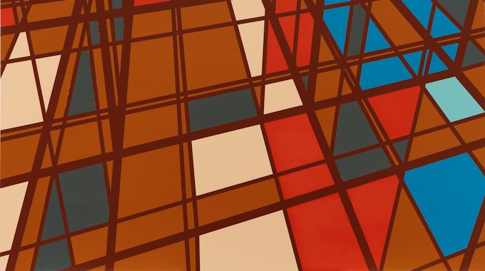 Sarah Morris' Gemälde „Library of Congress (Capital)“
zeigt ein Gittergeflecht vor farbigen Quadraten.