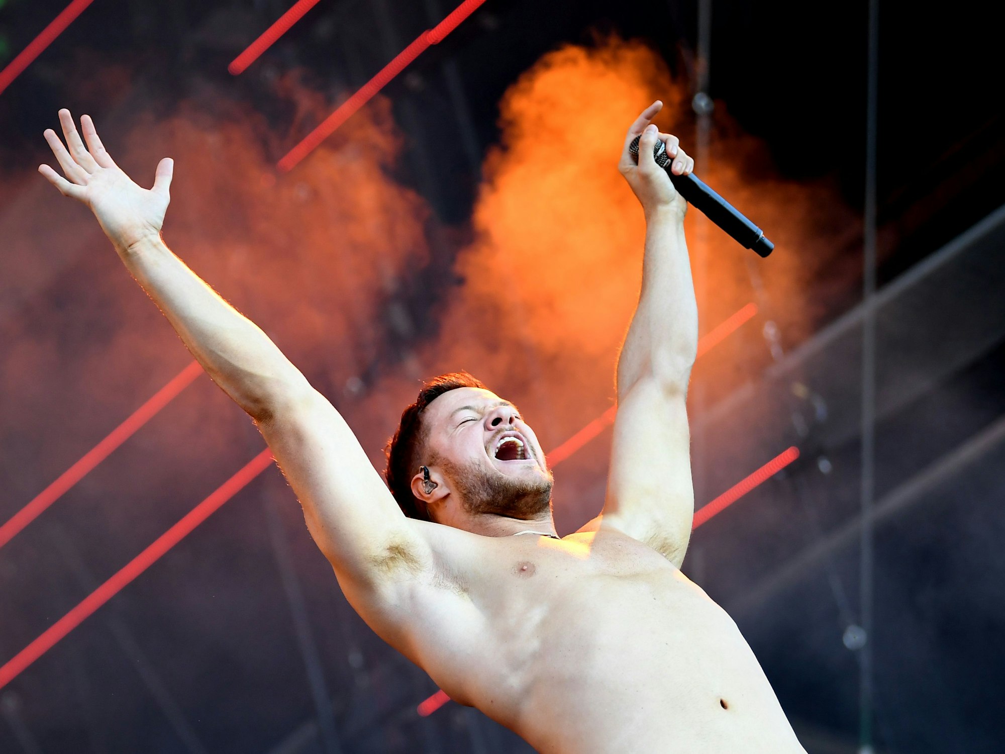 Dan Reynolds, Sänger der US-amerikanischen Rock-Band Imagine Dragons, 2018 steht beim Musikfestival Lollapalooza.