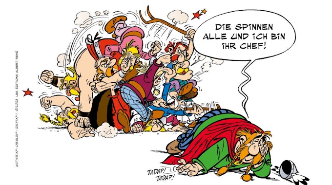 Eine Episode aus dem neuen Asterix-Band „Die weiße Iris“. Das inzwischen 40. Abenteuer soll im deutschsprachigen Raum am 26.10.2023 herauskommen.