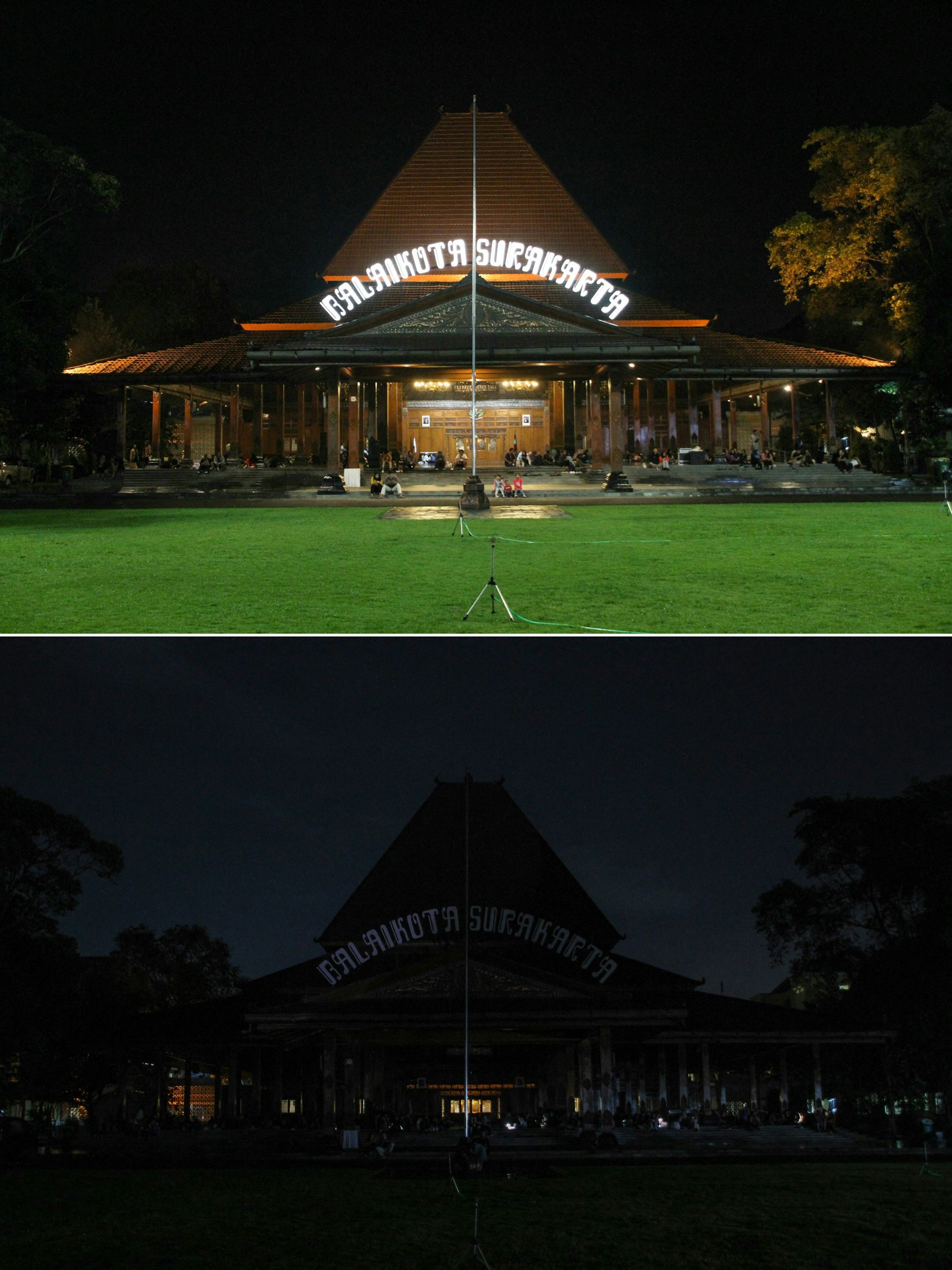 (COMBO) This combination of photographs shows the City Hall illuminated before (top) and after (bottom) the lights were turned off to mark the Earth Hour environmental campaign in  in Solo on March 25, 2023. (Photo by DIKA / AFP)