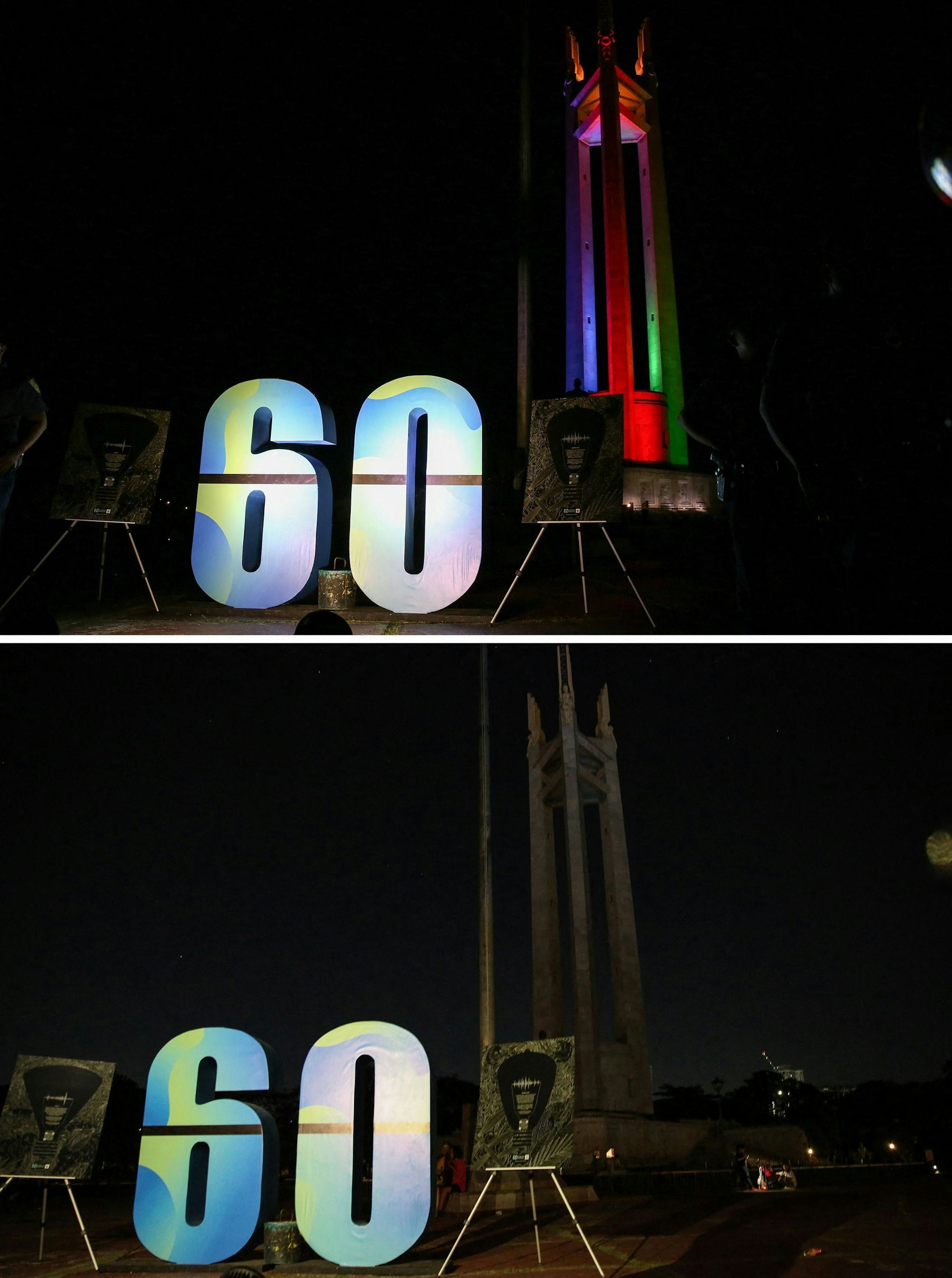 This combination of photographs shows the Quezon Memorial Shrine illuminated before (top) and after (bottom) the lights were turned off to mark the Earth Hour environmental campaign in Quezon city, suburban Manila on March 25, 2023.