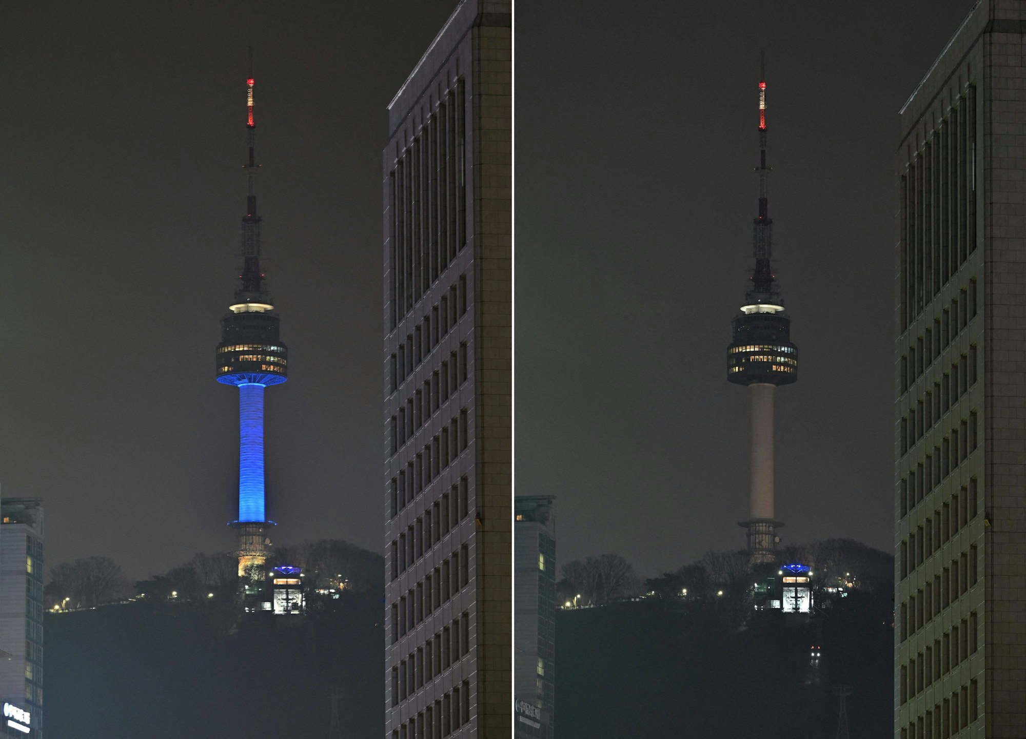 (COMBO) This combination of photographs shows Namsan Seoul Tower illuminated before (L) and after (R) the lights were turned off to mark the Earth Hour environmental campaign in Seoul on March 25, 2023. (Photo by Jung Yeon-je / AFP)
