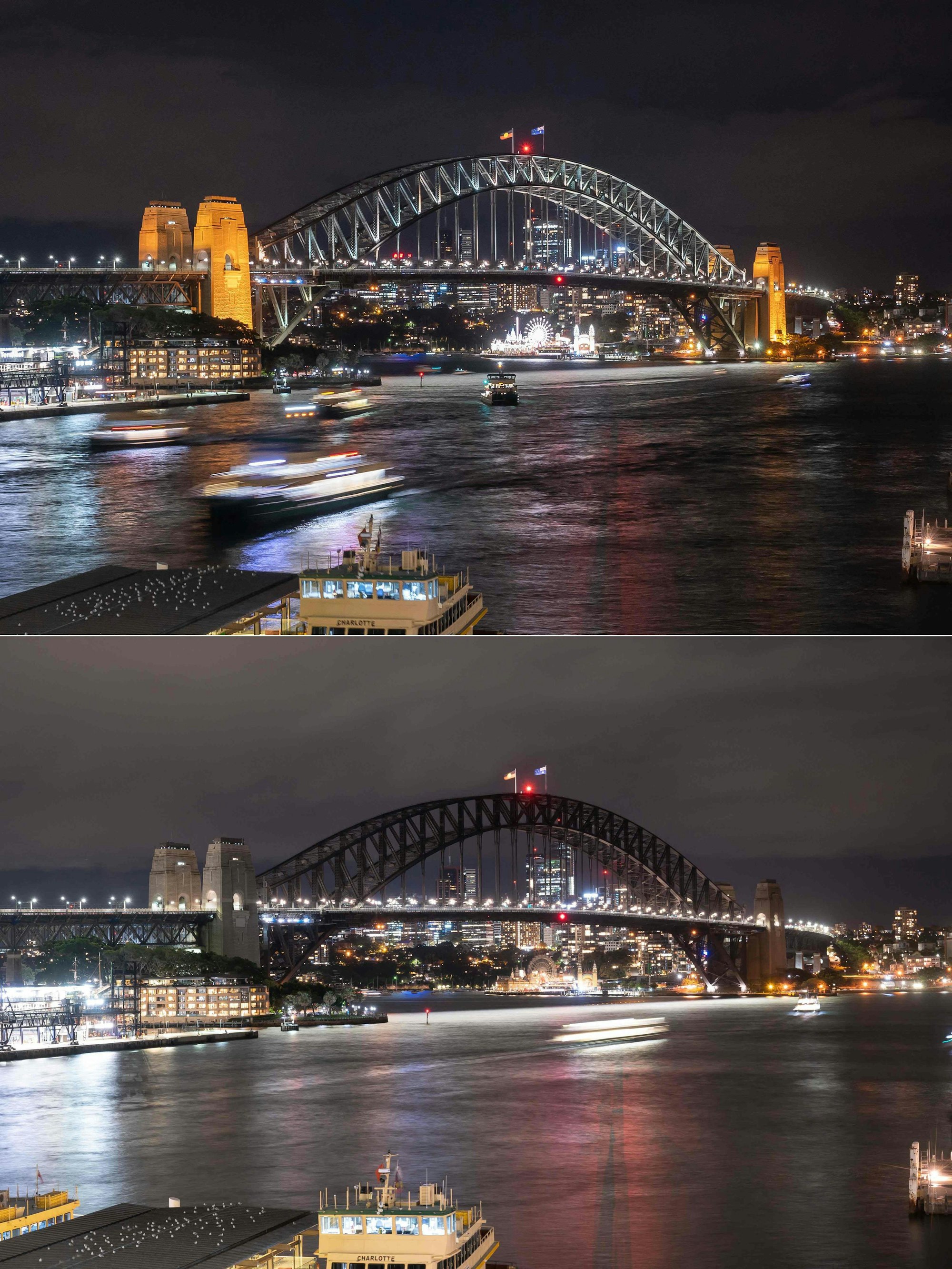 Diese Fotokombination zeigt die Sydney Harbour Bridge (unten), deren Lichter während der Umweltkampagne Earth Hour ausgeschaltet waren und nachdem sie wieder eingeschaltet wurden, in Sydney am 25. März 2023.