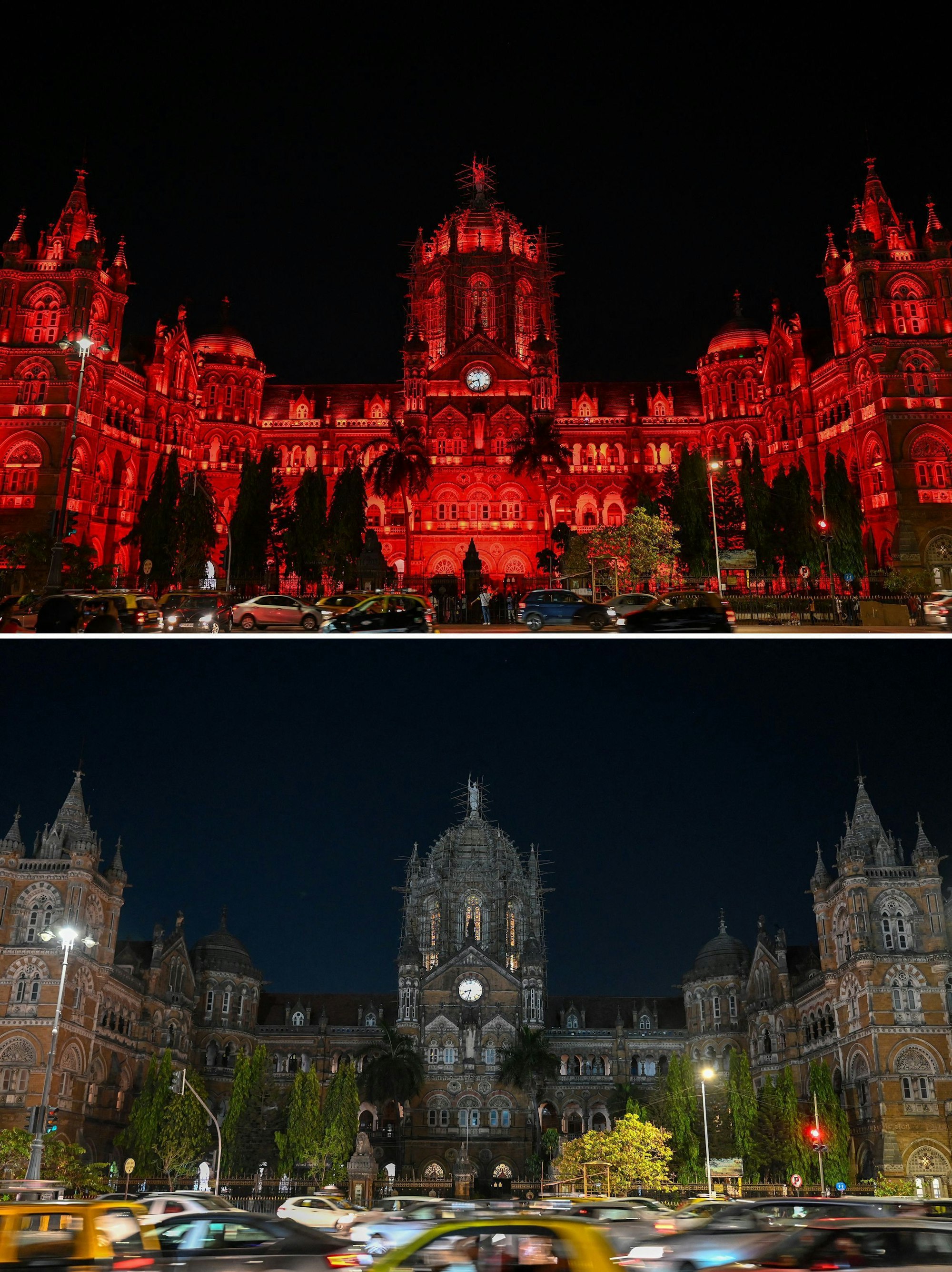 Diese Fotokombination zeigt den beleuchteten Bahnhof Chhatrapati Shivaji Terminus (CST) vor (oben) und nach (unten) dem Ausschalten der Lichter anlässlich der Umweltkampagne Earth Hour in Mumbai am 25. März 2023.