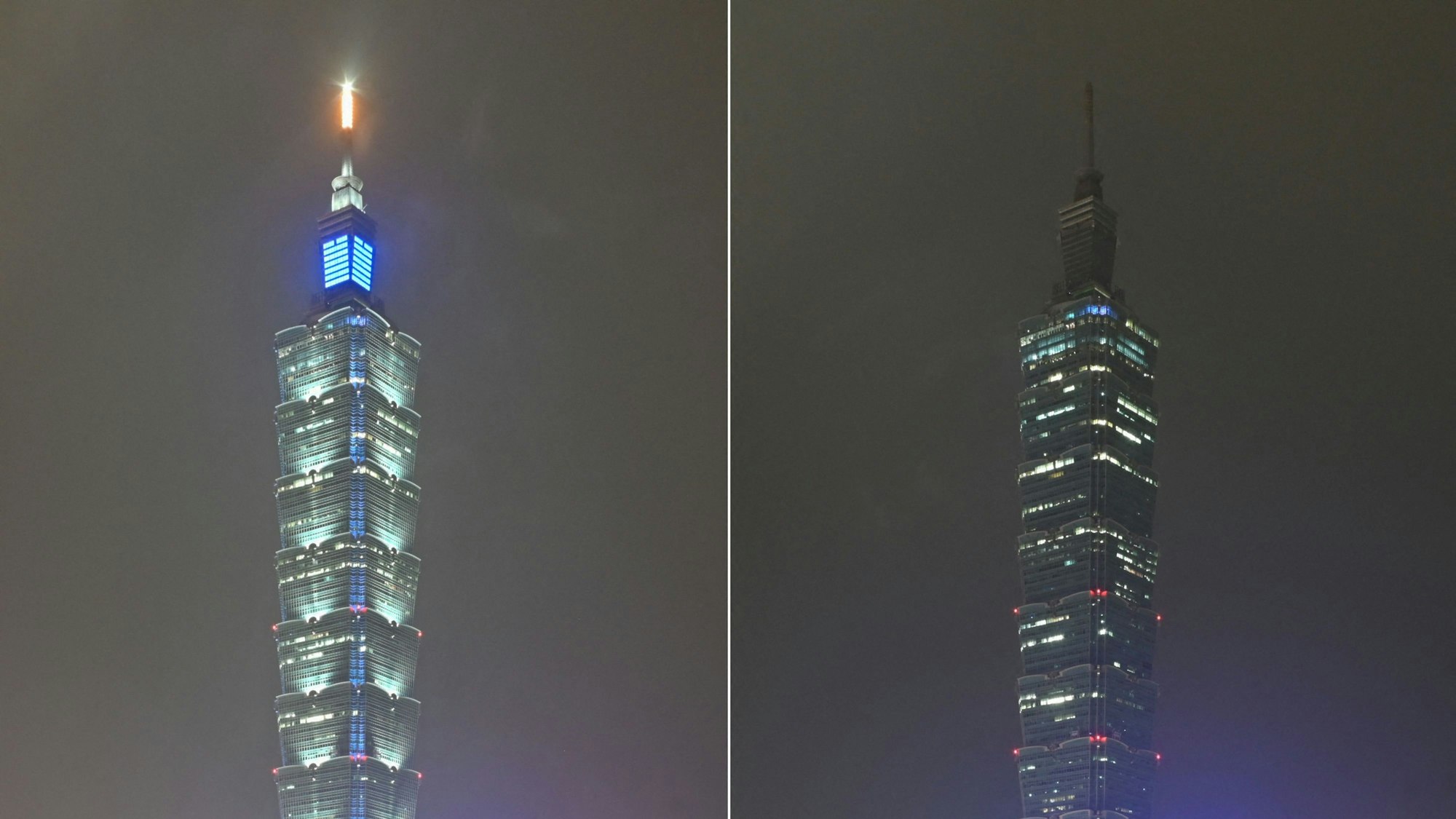 (COMBO) This combination of photographs shows Taipei 101, a 508-meter high commercial building, with the lights on and turned off during the Earth Hour environmental campaign in Taipei on March 25, 2023. (Photo by Sam Yeh / AFP)