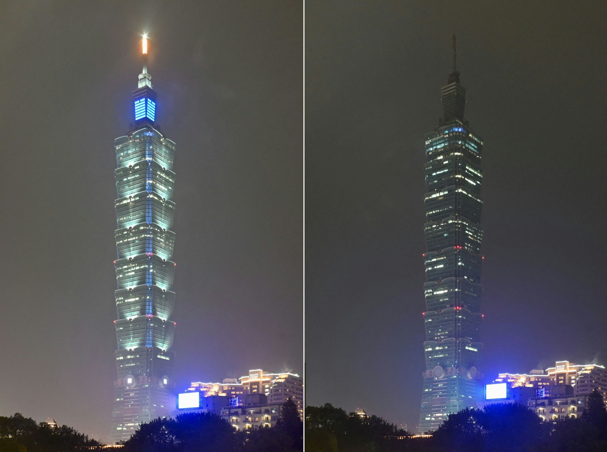 iese Fotokombination zeigt Taipei 101, ein 508 Meter hohes Geschäftsgebäude, mit ein- und ausgeschalteter Beleuchtung während der Umweltkampagne Earth Hour in Taipeh am 25. März 2023.