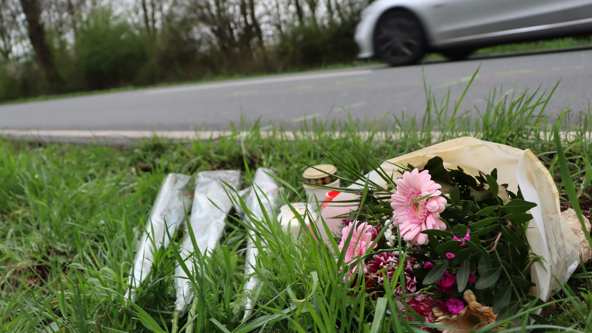 Das Bild zeigt Blumen am Straßenrand. Dort war ein 20-Jähriger überfahren worden.