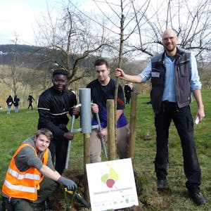 Lehrer Jens Herrmann und drei Schüler der zehnten Klasse pflanzen eine alte Apfelbaumsorte.