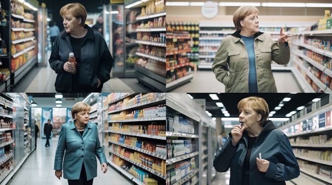 Angela Merkel im Supermarkt, erstellt mit der KI Midjourney